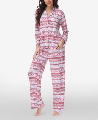 Women’s Printed Long Sleeve Notch-Collar Pajama Set, 2 Piece