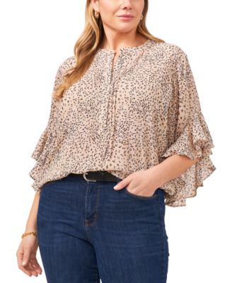 Plus Size Cheetah-Print Pintuck V-Neck 3/4- Flutter-Sleeve Blouse