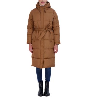 Women’s Long Puffer Jacket with Hood and Belt