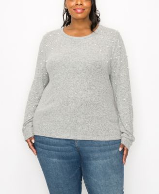 Plus Size Long Sleeve Pullover Top with Imitation Pearls