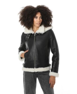 Women’s Detachable Hooded Shearling Jacket, Silky Black with White Wool