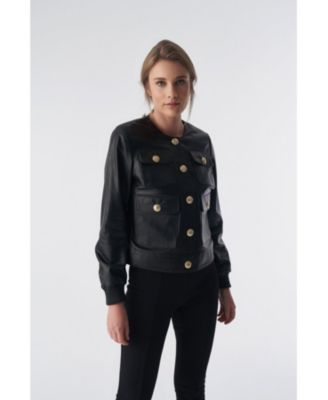 Women’s Collarless Stunning Studs Closure Leather Jacket, Black