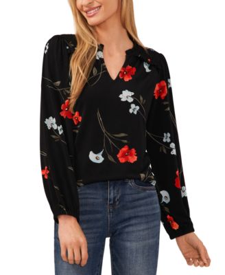 Women’s Floral Split Neck Smocked Shoulder Top