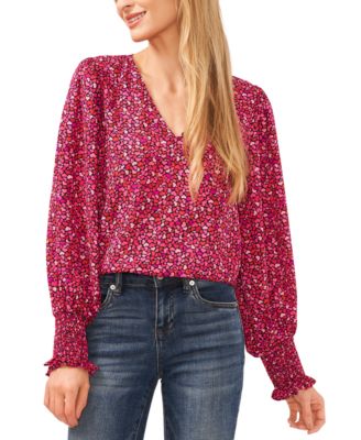 Women’s Heart-Print Long-Sleeve Smocked-Cuff Blouse