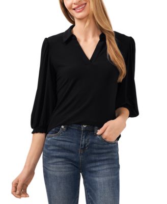 Women’s Collared V-Neck Puff Shoulder 3/4-Sleeve Top