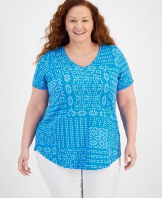 Plus Size Patchwork Paradise Short Sleeve Top, Created for Macy’s