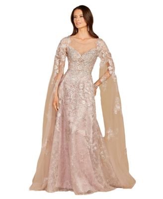 Women’s Long Bell Sleeve Boat-Neck Beaded Gown