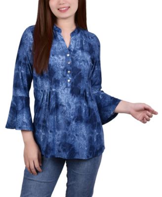 Women’s 3/4 Bell Sleeve Pleat Front Y-neck Top