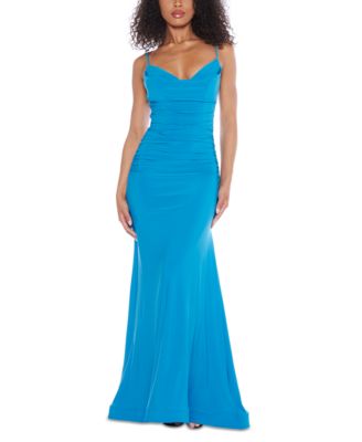 Juniors’ Ruched Cowlneck Gown