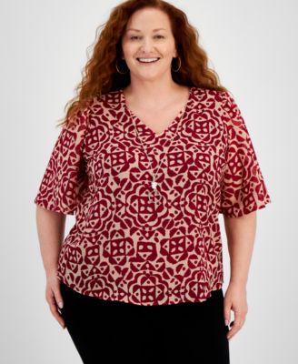 Plus Size Printed V-Neck Necklace Top, Created for Macy’s