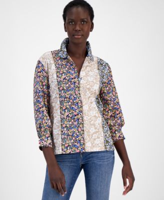 Women’s Pieced Floral-Print Collared Top