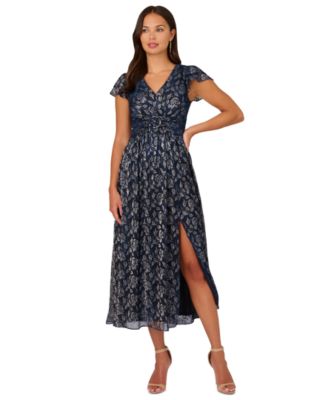 Women’s Metallic-Print Crinkle Belted Dress