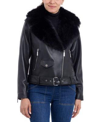 Women’s Faux-Fur-Trim Leather Moto Coat