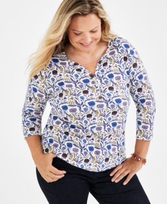 Women’s Printed 3/4 Henley Tee, Created for Macy’s