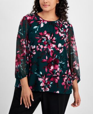 Plus Size Floral Print Mixed-Media Top