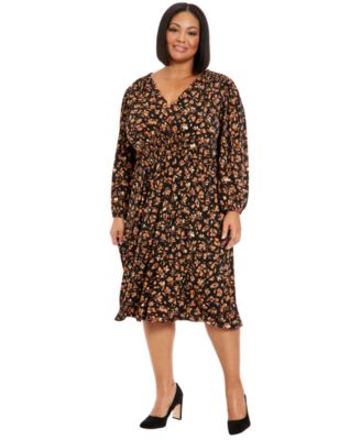 Plus Size Printed V-Neck Long-Sleeve Dress