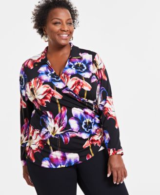 Plus Size Printed Faux-Wrap Top, Created for Macy’s