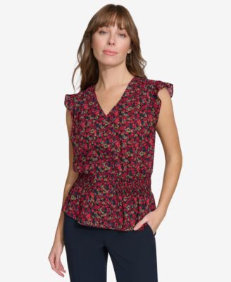 Women’s Printed Smocked Cap-Sleeve Top