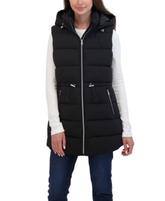 Women’s 3/4 Hooded Stretch Puffer Vest With Drawstring Waist