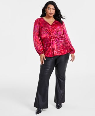 Plus Size Paisley Twist-Front Blouse & Faux-Leather Pants, Created for Macy’s