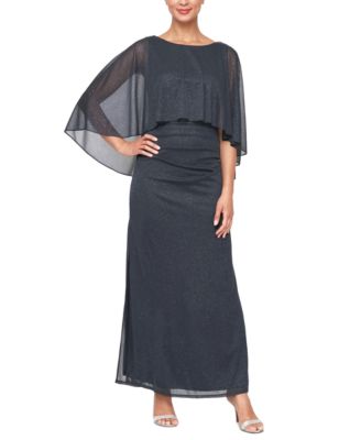 Women’s Sparkle Mesh Capelet Ruched Gown