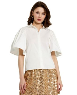 Women’s Stretch Cotton Flare Ruffle Sleeve Button Up Top