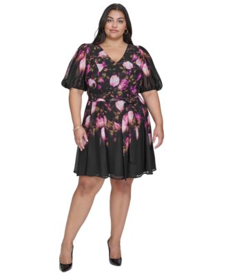 Plus Size V-Neck Short-Balloon-Sleeve Tie-Waist Dress