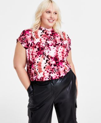 Trendy Plus Size Printed Mock Neck Blouson Knit Top, Created for Macy’s