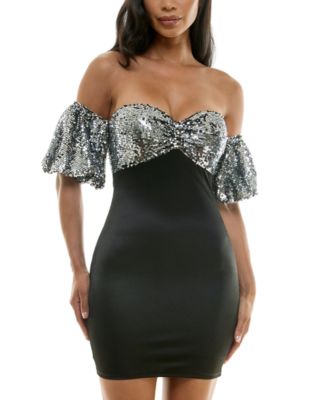 Juniors’ Sequin Bandeau Bubble-Sleeve Dress