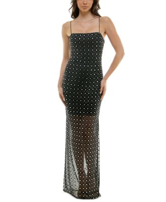 Juniors’ Rhinestone-Embellished Mesh Evening Gown