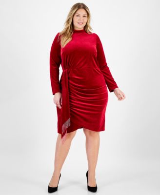 Plus Size Mock-Neck Velvet Draped Bodycon Dress