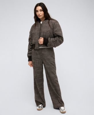 Women’s Plaid Shirred-Sleeve Cropped Bomber Jacket & High-Rise Wide-Leg Double-Pleated Pants