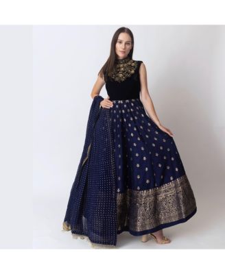 Women’s Blue Anarkali Gown with Sequins and Cutdana Handwork on the Torso and Banarasi Jacquard Bottom