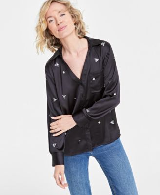 Women’s Rhinestone Satin Button-Up Shirt, Created for Macy’s