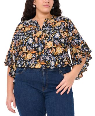 Plus Size Floral Pintuck Flutter 3/4-Sleeve Henley Blouse