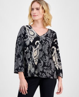 Petite Printed Bracelet-Sleeve V-Neck Top, Created for Macy’s