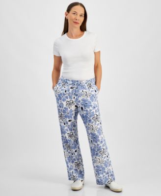 Petite 100% Linen Printed Tie-Waist Pants, Created for Macy’s