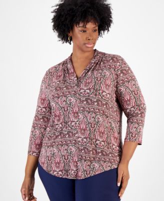 Plus Size Paisley-Print 3/4-Sleeve V-Neck Top, Created for Macy’s