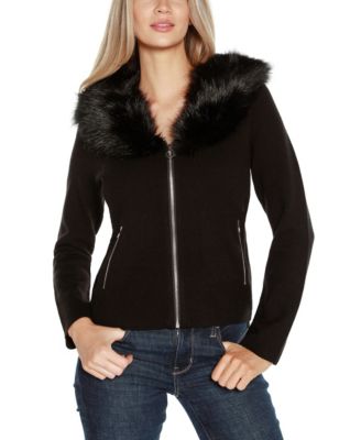 Women’s Black Label Faux Fur Collar Short Zip Cardigan Sweater