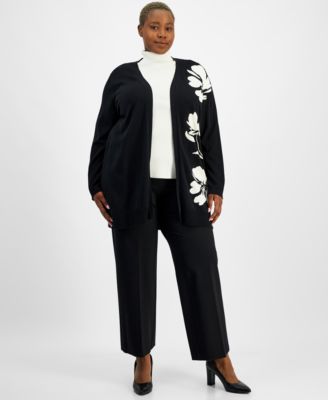 Plus Size Floral Cardigan, Turtleneck Top & Pull-On Pants