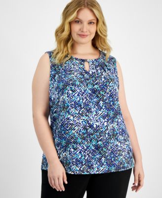 Plus Size Printed Pleated Keyhole-Neck Top