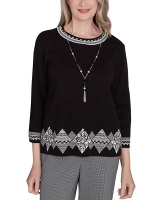 Petite Runway Ready Diamond-Border Crewneck Sweater With Necklace