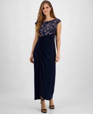 Women’s Soutache Lace Cap-Sleeve Faux-Wrap Gown