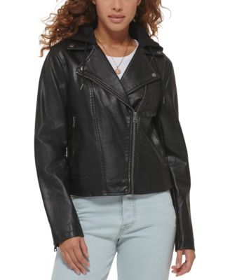 Women’s Faux Leather Moto Jacket with Jersey Hood