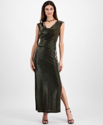 Petite Cowlneck Metallic-Threaded Evening Gown