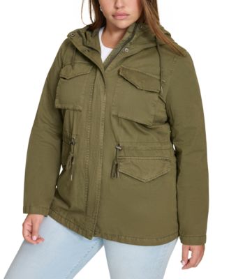 Plus Size Cotton Hooded Military Zip-Front Jacket