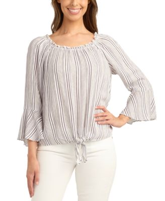 Juniors’ Tie-Hem Scoop-Neck Striped Bell-Sleeve Top