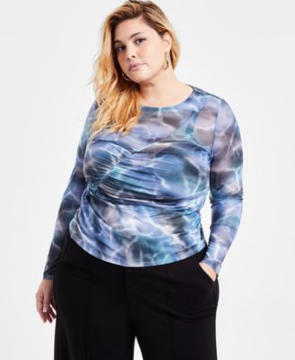 Trendy Plus Printed-Mesh Long-Sleeve Ruched Top, Exclusively at Macy’s