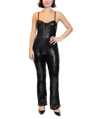 Crave Fame Juniors’ Bustier Flare-Leg Sequin Jumpsuit