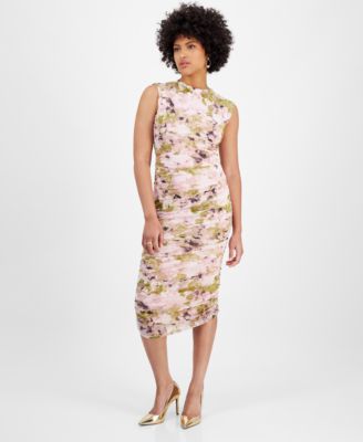 Women’s Floral Mesh Ruched Sleeveless Dress, Exclusively at Macy’s